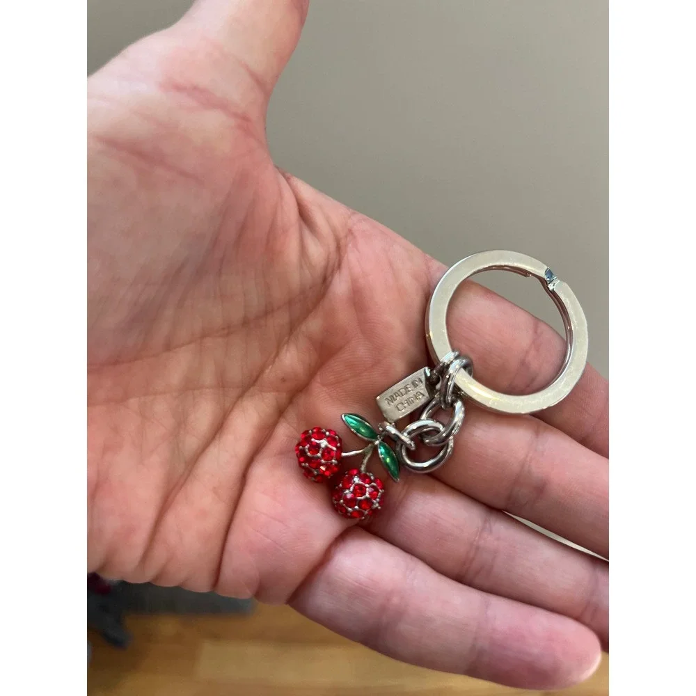 Coach Red Pave Crystal Cherry Keychain Bag Charm Silver Tone 3D Fruit Accessory